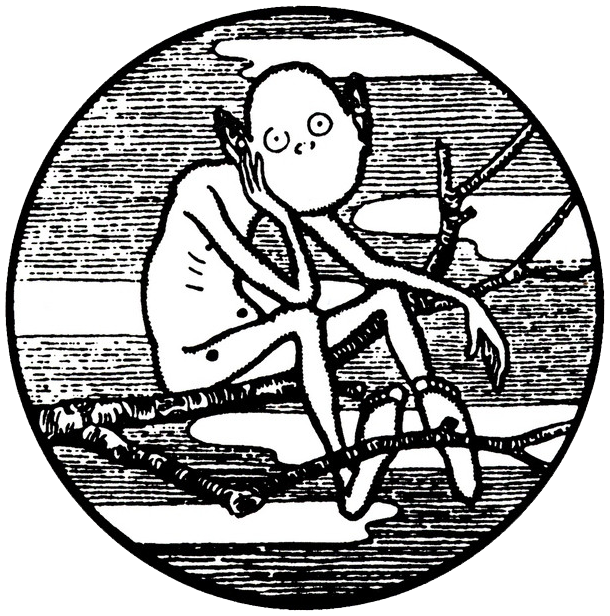 This is the glitch elf. Hello glitch elf!<br/><br/>It might not be his real name, but I can't find any information on who drew it. Coil used the drawing on their ELpH records.